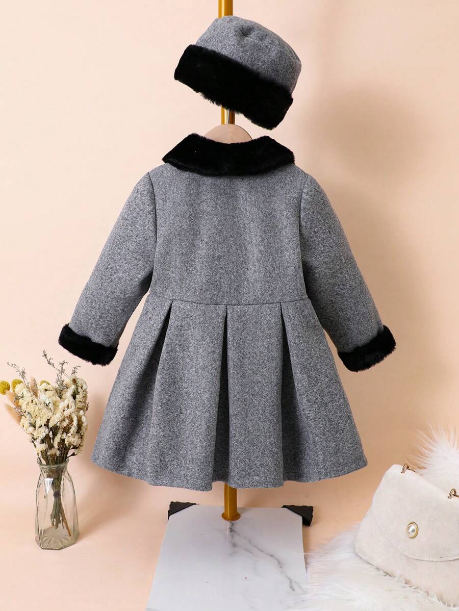 SHEIN Abrigo de lana gris con nudo de mariposa para niña joven con cuello y sombrero mullido negro, Otoño Invierno