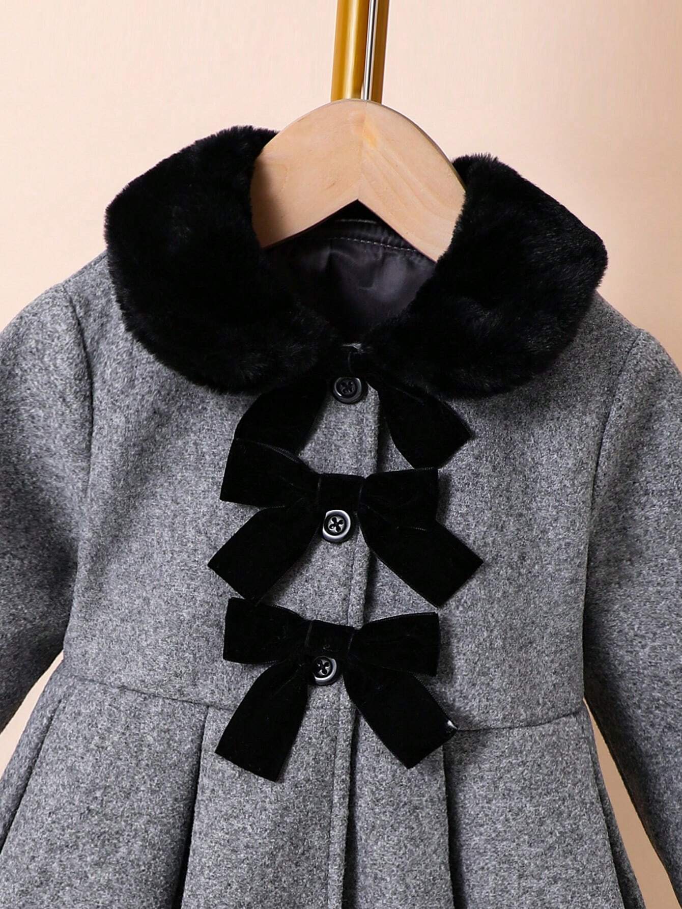 SHEIN Abrigo de lana gris con nudo de mariposa para niña joven con cuello y sombrero mullido negro, Otoño Invierno