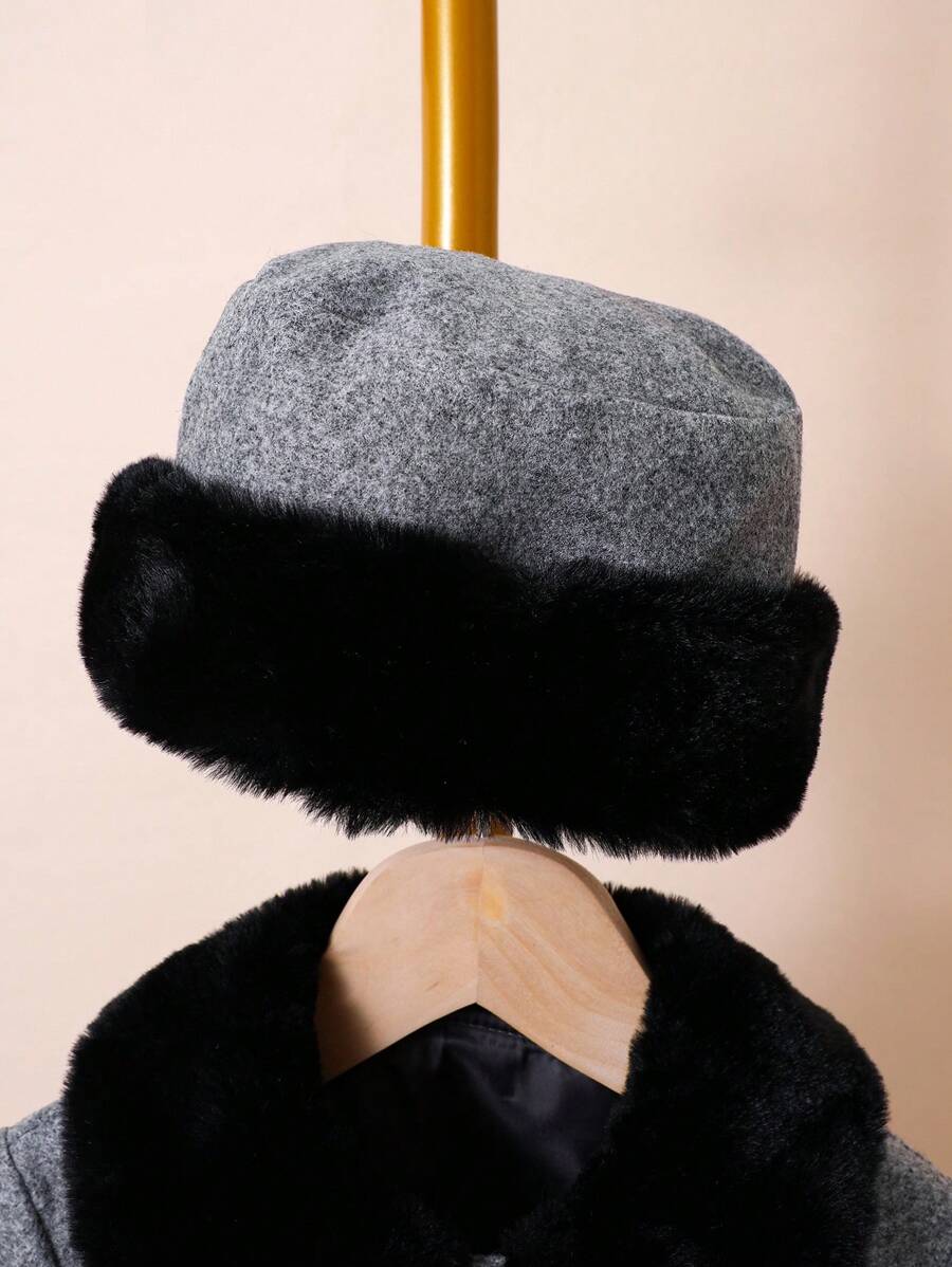 SHEIN Abrigo de lana gris con nudo de mariposa para niña joven con cuello y sombrero mullido negro, Otoño Invierno