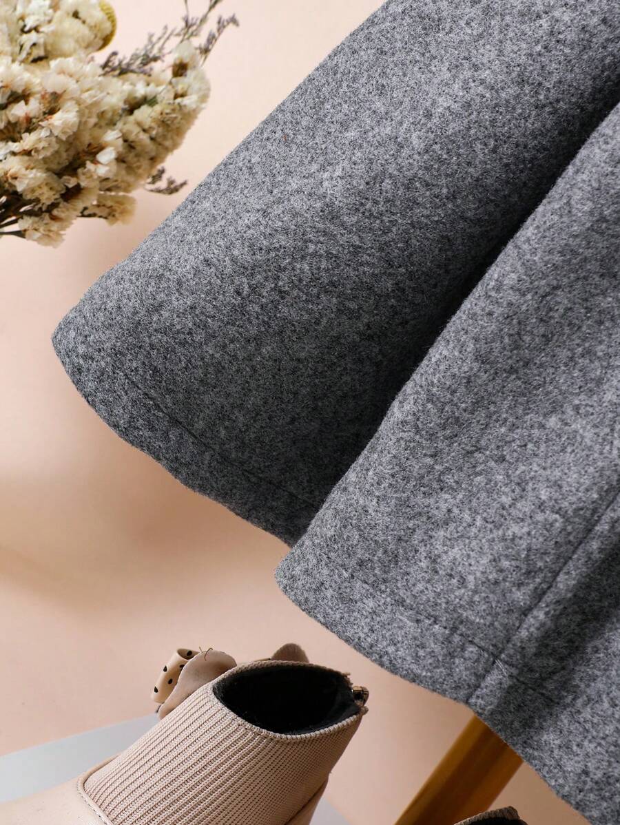 SHEIN Abrigo de lana gris con nudo de mariposa para niña joven con cuello y sombrero mullido negro, Otoño Invierno