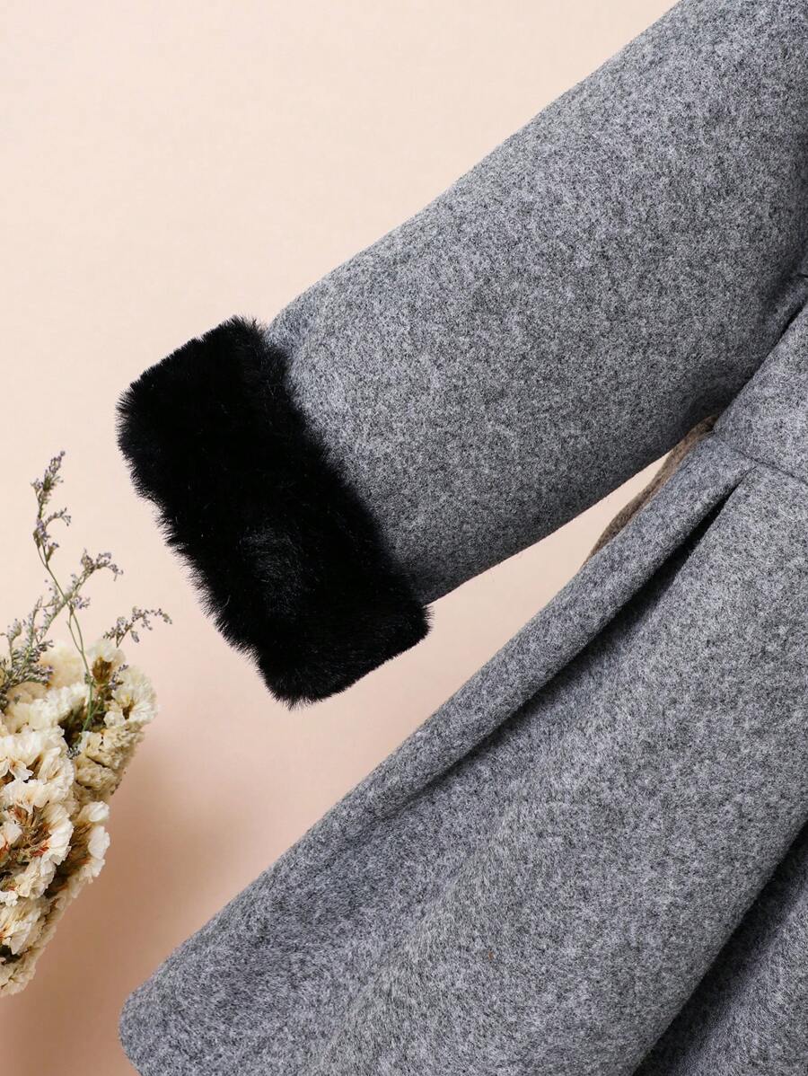 SHEIN Abrigo de lana gris con nudo de mariposa para niña joven con cuello y sombrero mullido negro, Otoño Invierno