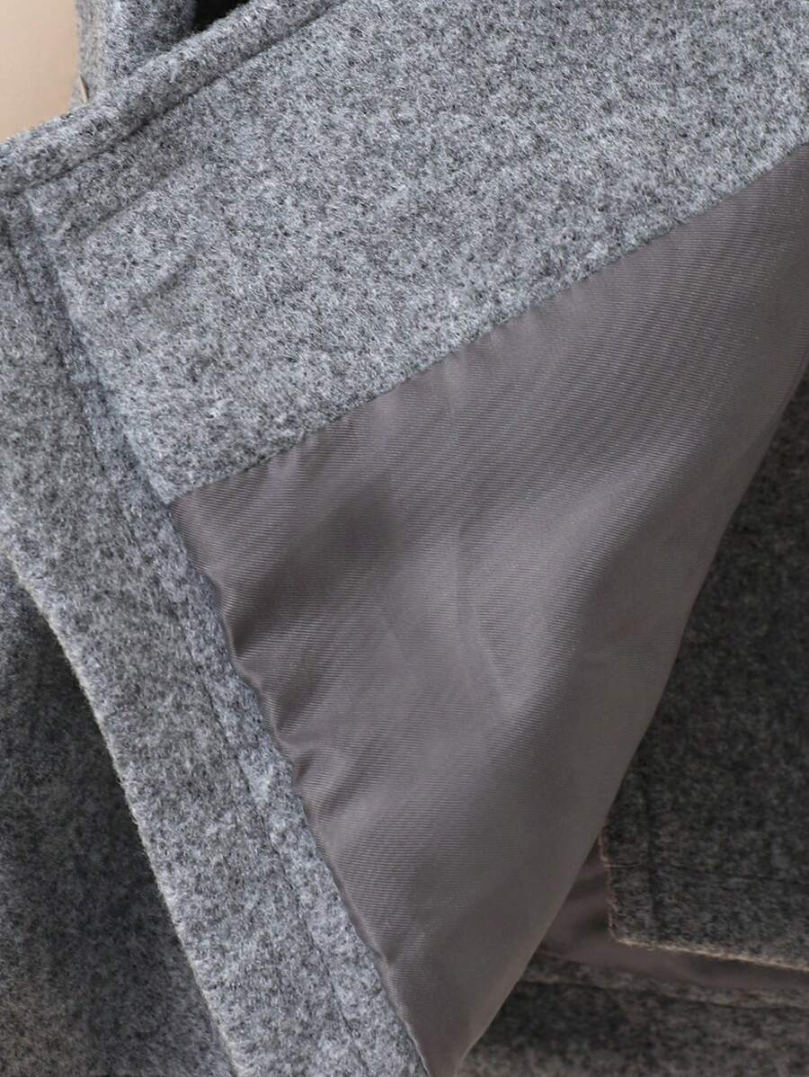SHEIN Abrigo de lana gris con nudo de mariposa para niña joven con cuello y sombrero mullido negro, Otoño Invierno