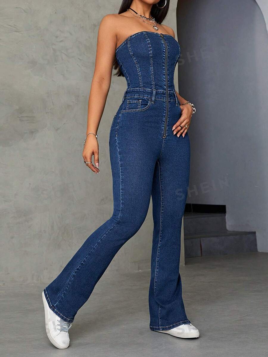SHEIN ICON Mono Vaquero Sin Mangas Con Escote En V Profundo