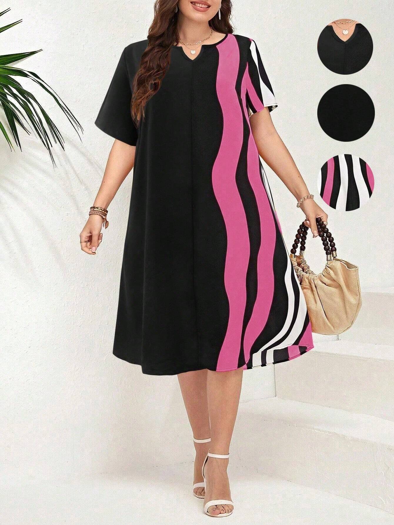 SHEIN LUNE Vestido Suelto Con Cuello En V Entallado Con Rayas Y Estampado, Tamaño Grande