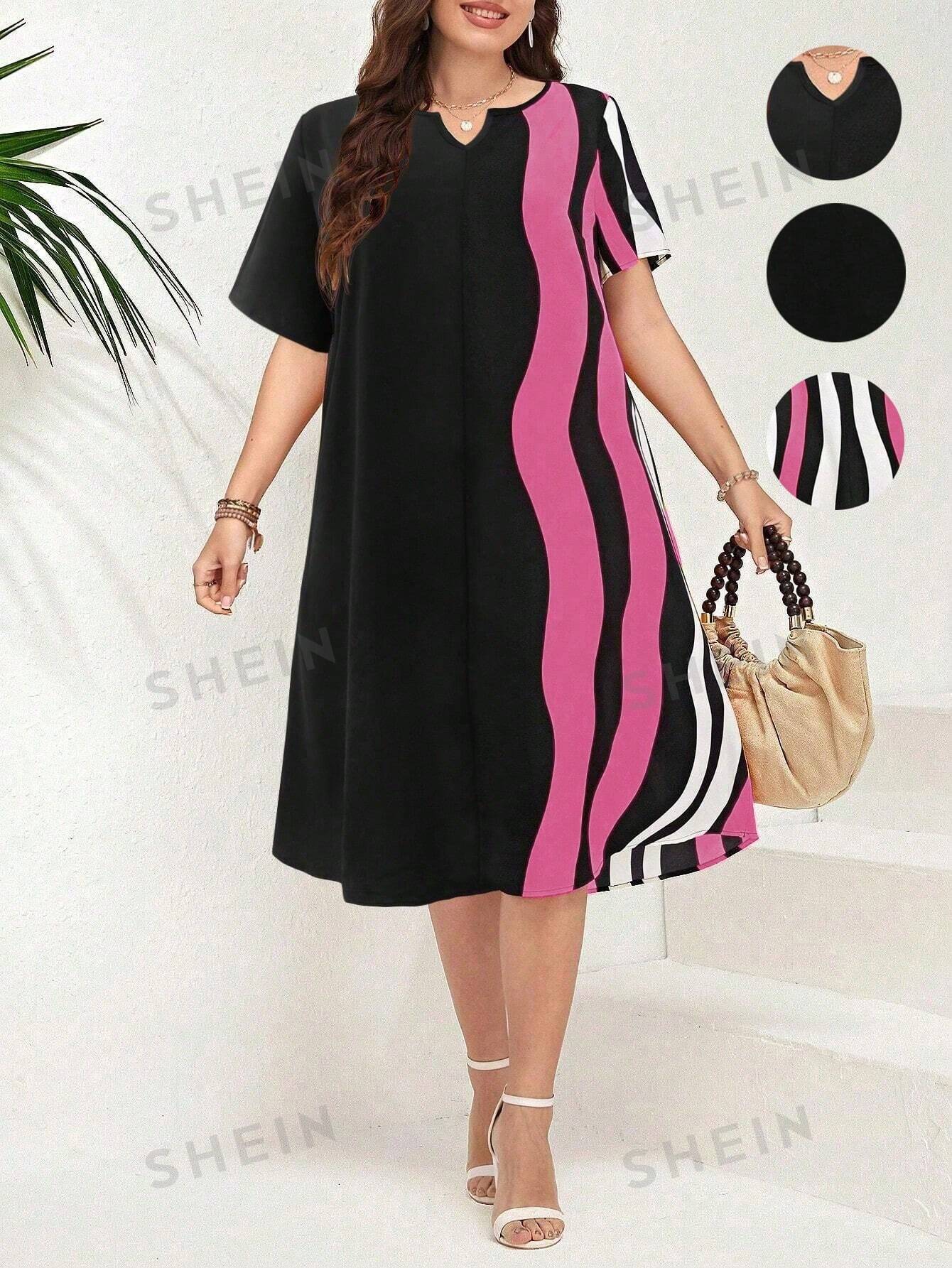 SHEIN LUNE Vestido Suelto Con Cuello En V Entallado Con Rayas Y Estampado, Tamaño Grande
