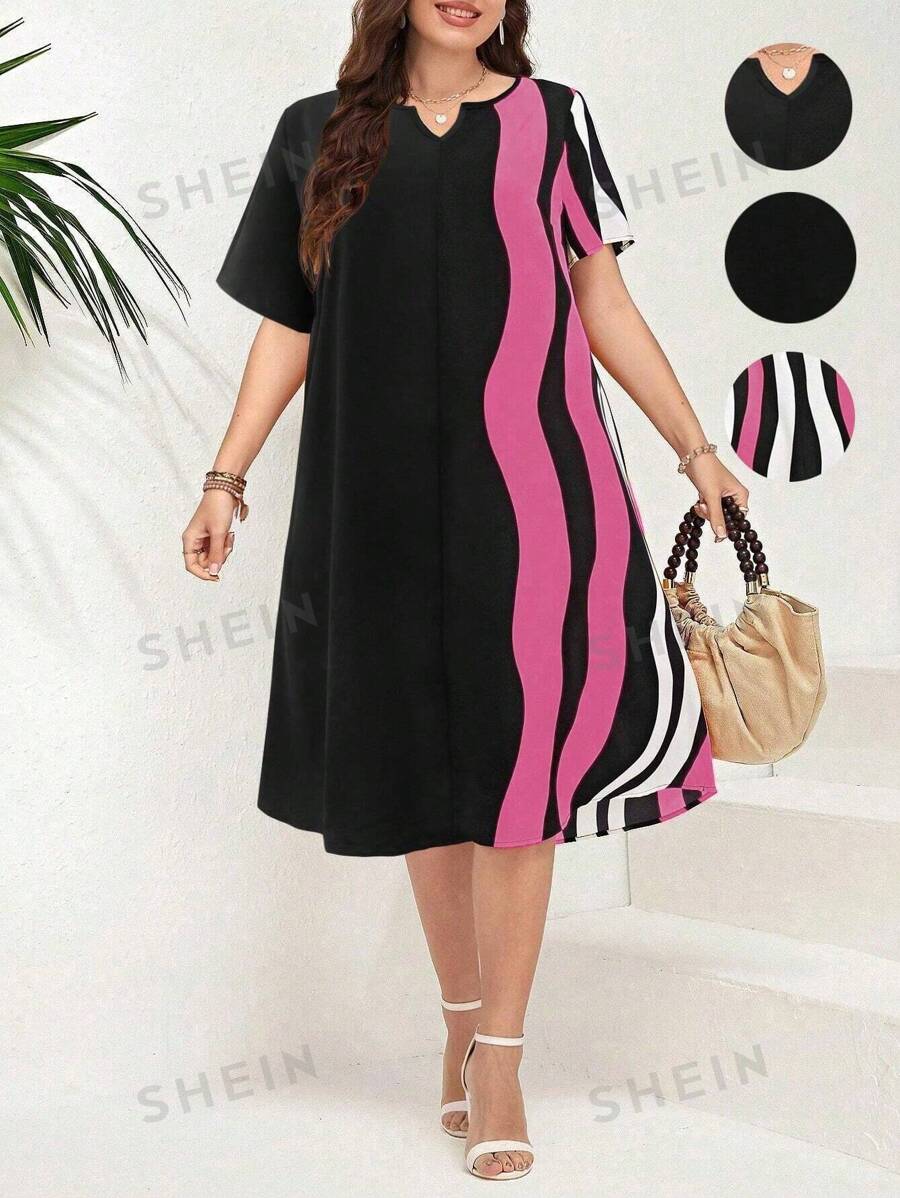SHEIN LUNE Vestido Suelto Con Cuello En V Entallado Con Rayas Y Estampado, Tamaño Grande