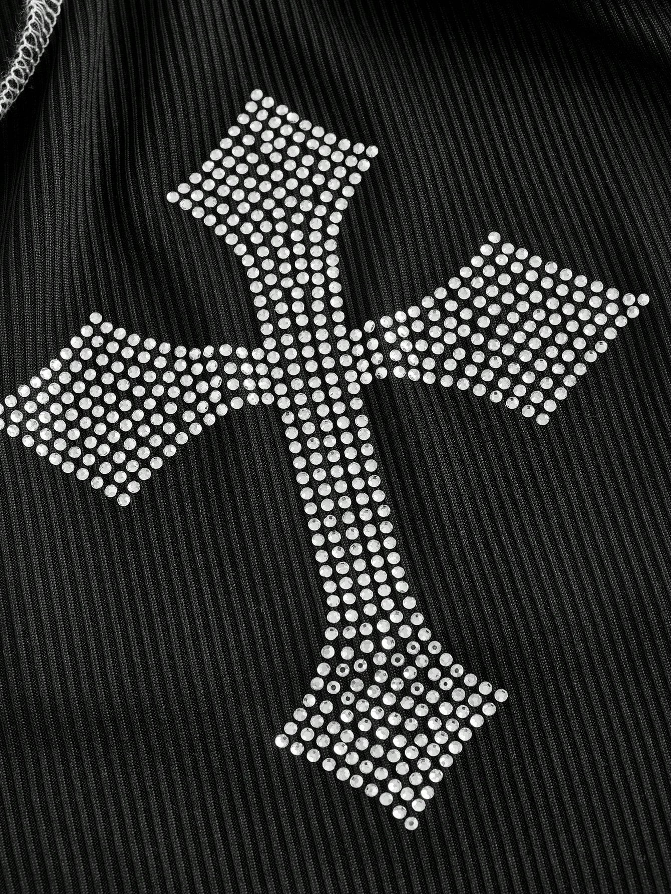 ROMWE Goth Tanque Con Diseño De Cruz Adornado Con Cristales De Imitación Y Costura A Contratono Mujer