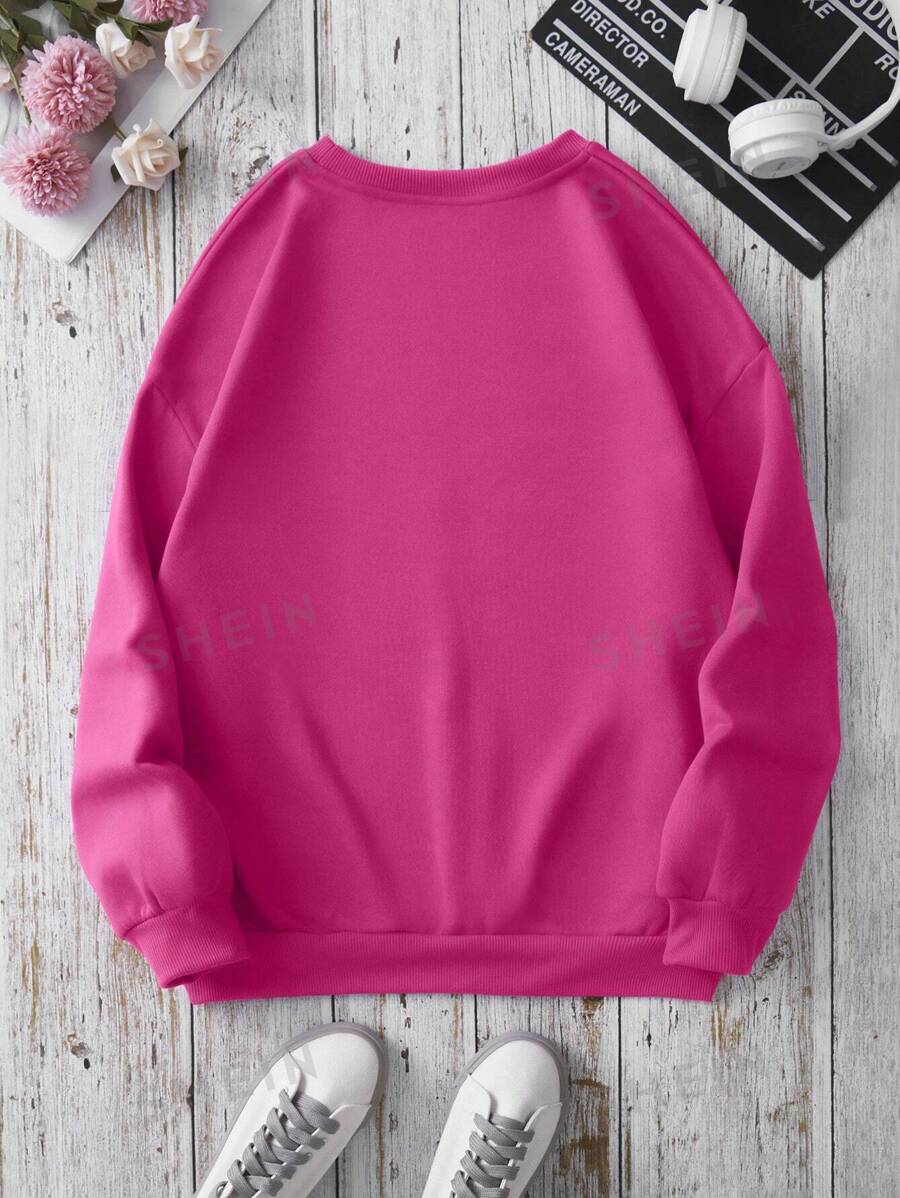 SHEIN EZwear Sudadera De Mujer Con Estampado De Letras De Corazón Con Manga Larga Y Hombros Caídos De Franela