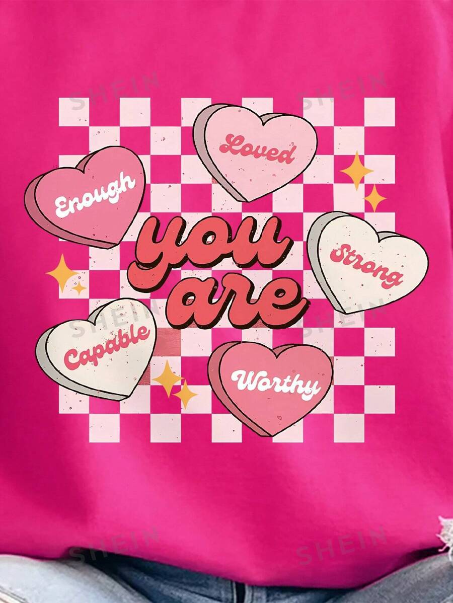 SHEIN EZwear Sudadera De Mujer Con Estampado De Letras De Corazón Con Manga Larga Y Hombros Caídos De Franela