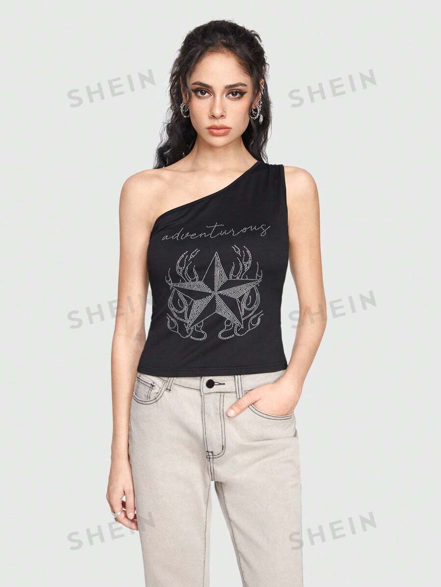 ROMWE Grunge Punk Top Con Lentejuelas Con Patrón De Un Hombro