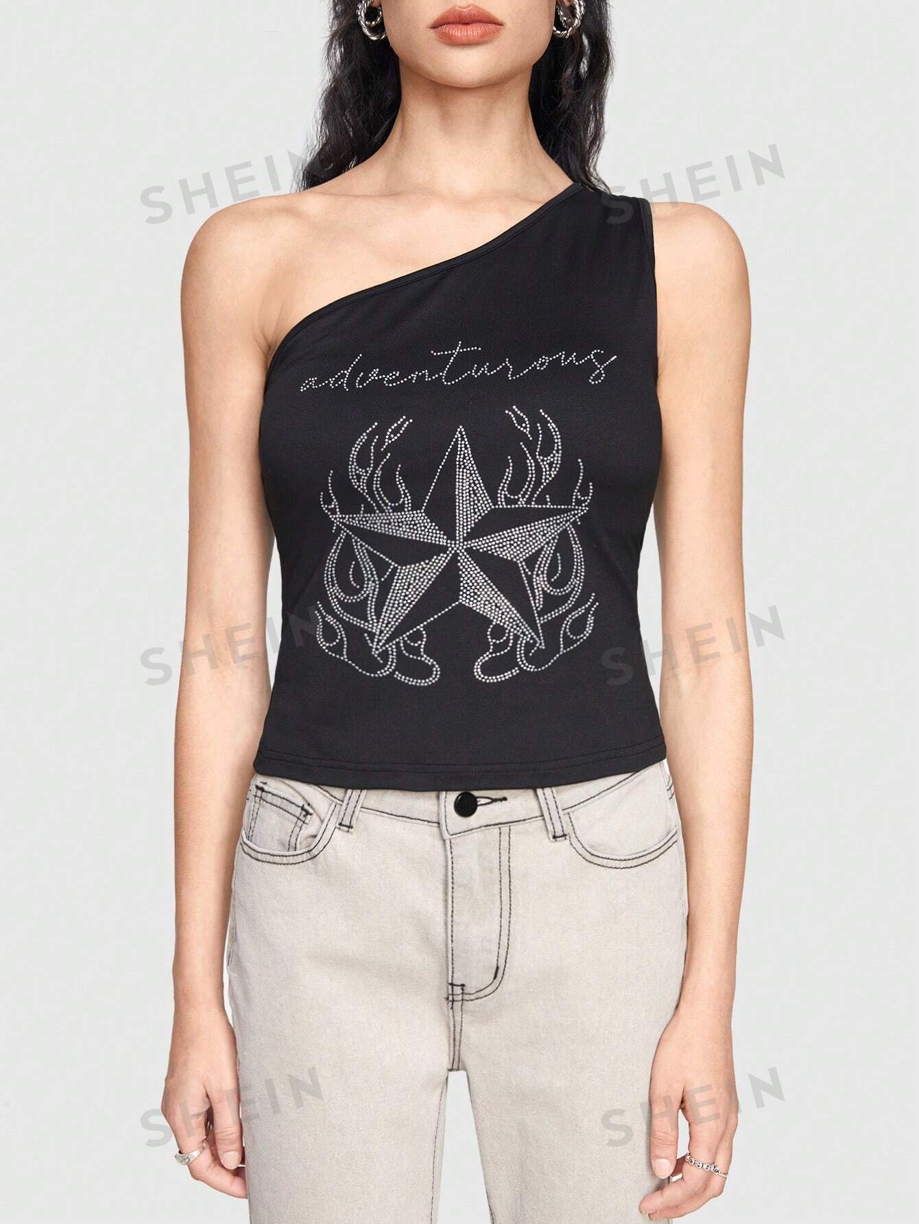 ROMWE Grunge Punk Top Con Lentejuelas Con Patrón De Un Hombro