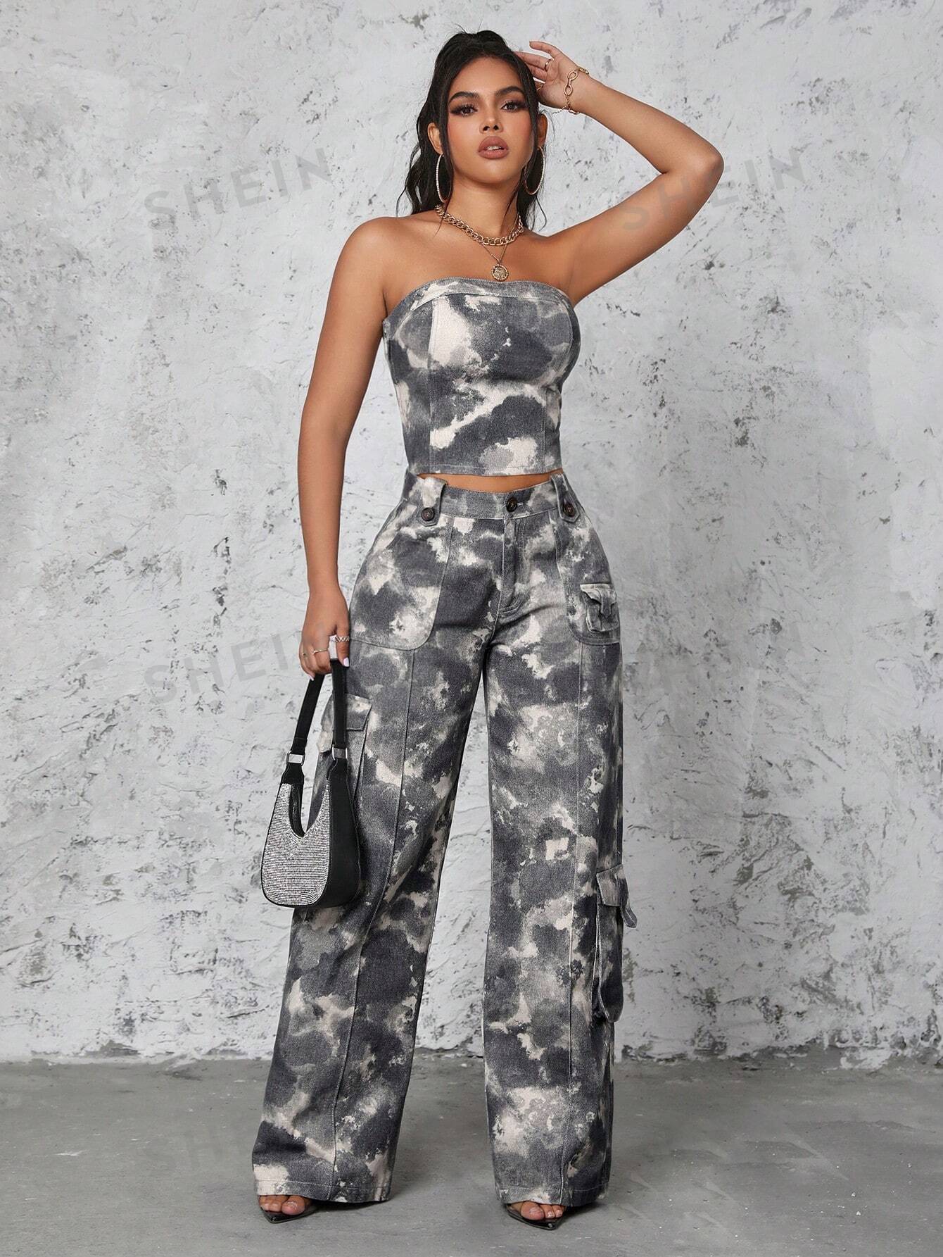 SHEIN SXY Vaqueros De Mezclilla Estilo Cargo Con Efecto Tie-dye