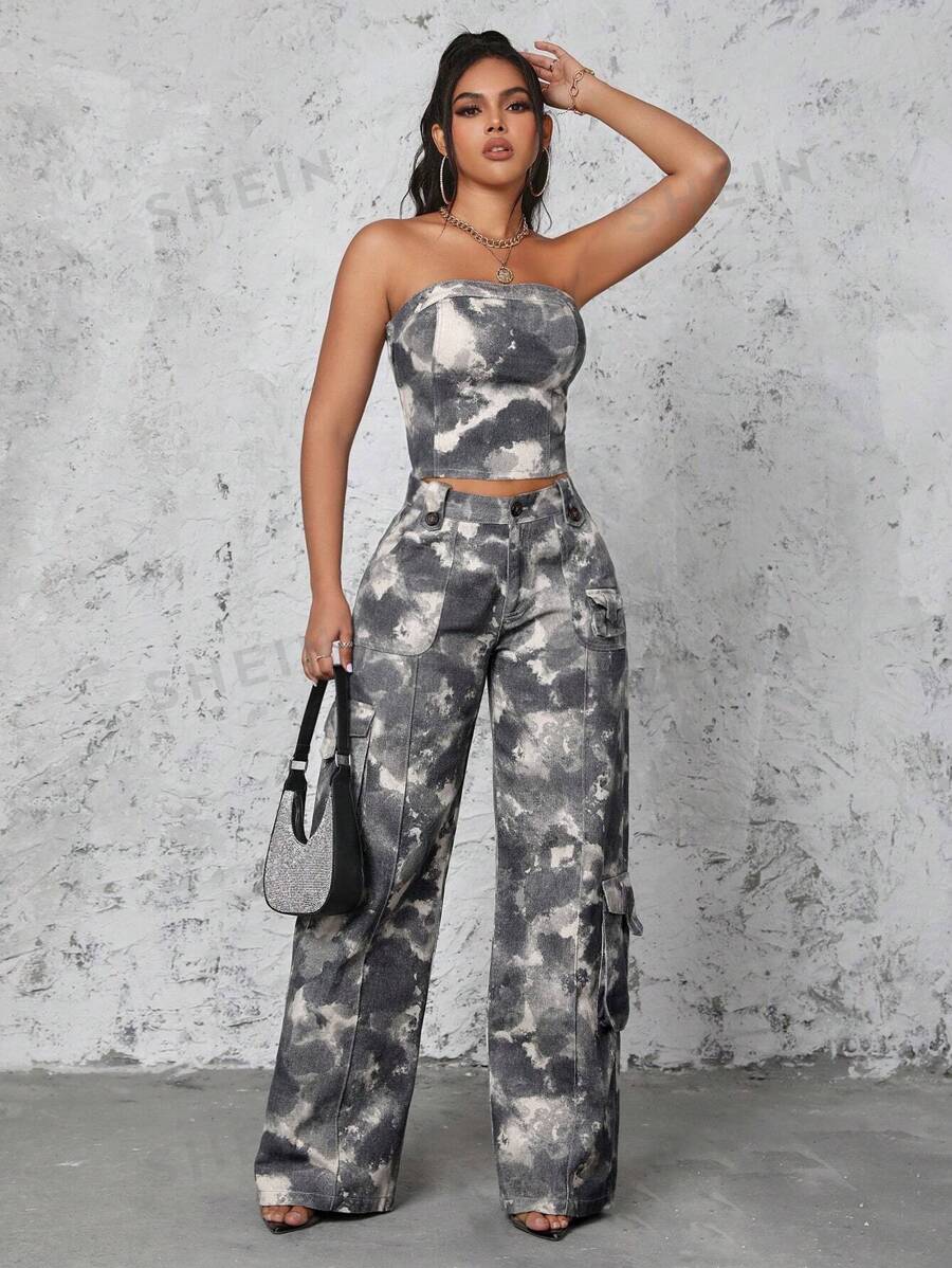 SHEIN SXY Vaqueros De Mezclilla Estilo Cargo Con Efecto Tie-dye