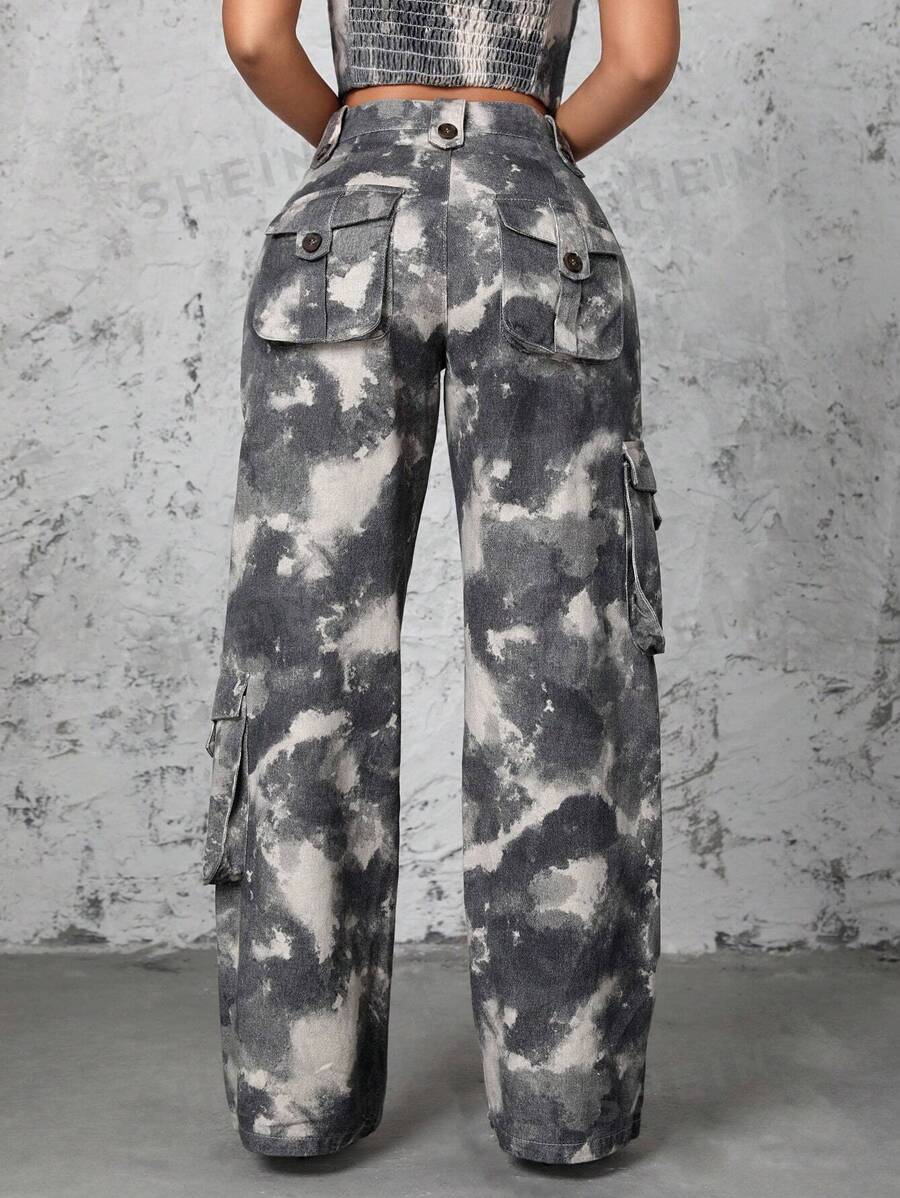 SHEIN SXY Vaqueros De Mezclilla Estilo Cargo Con Efecto Tie-dye