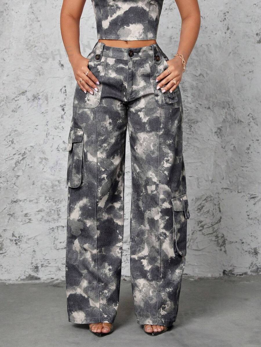 SHEIN SXY Vaqueros De Mezclilla Estilo Cargo Con Efecto Tie-dye