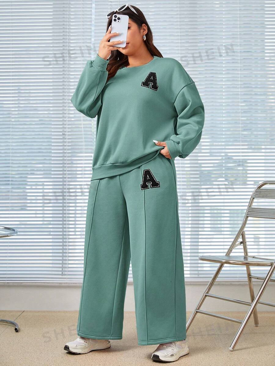 SHEIN EZwear Conjunto De Sudadera De Cuello Redondo Y Pantalones Con Cordón A La Cintura Para Mujer De Talla Grande