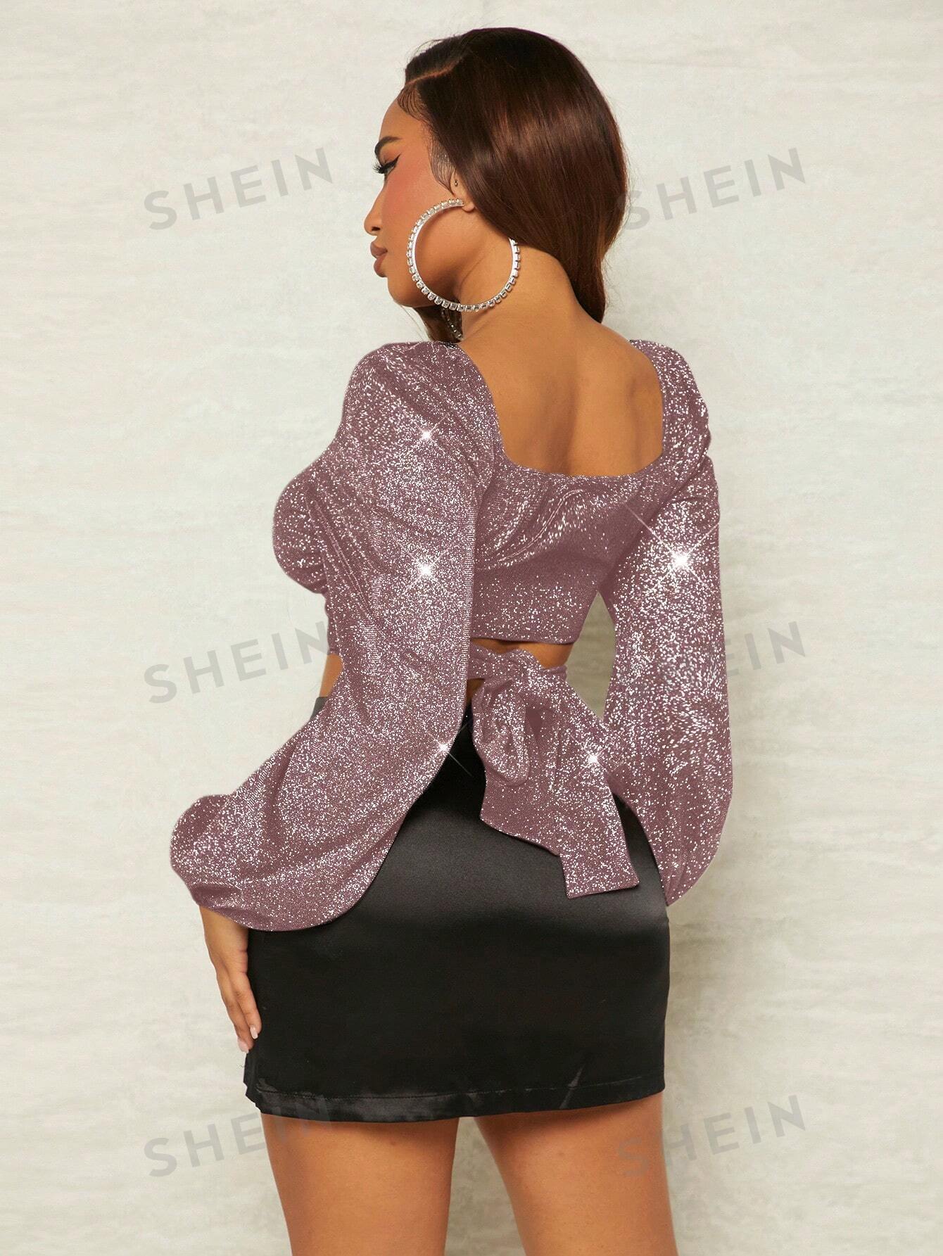 SHEIN SXY Blusa Cruzada Anudada En La Parte Delantera Con Purpurina Y Acortada En La Espalda