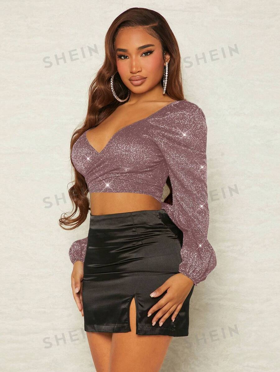 SHEIN SXY Blusa Cruzada Anudada En La Parte Delantera Con Purpurina Y Acortada En La Espalda