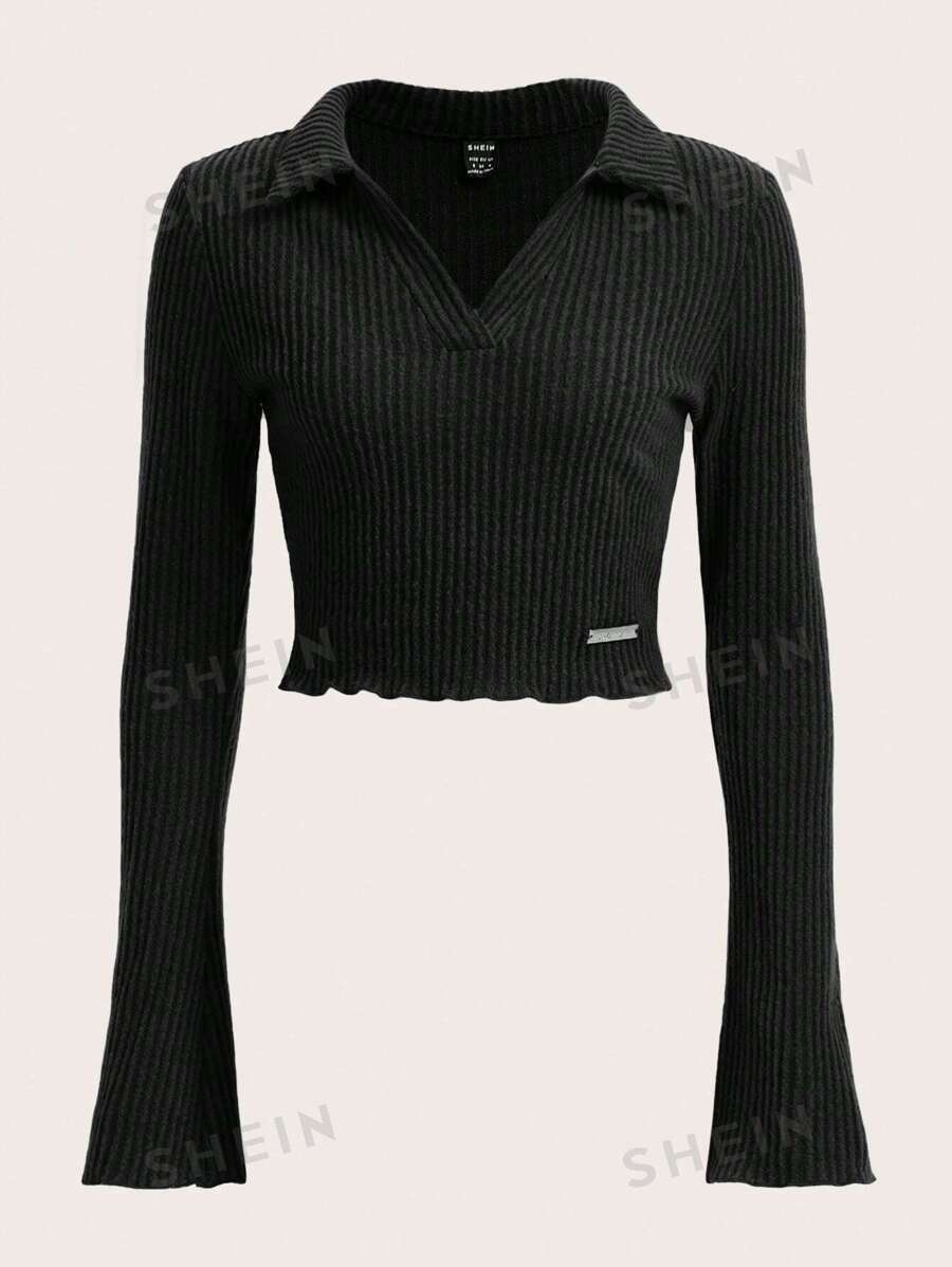 SHEIN EZwear Camiseta De Punto Acanalado De Un Solo Color