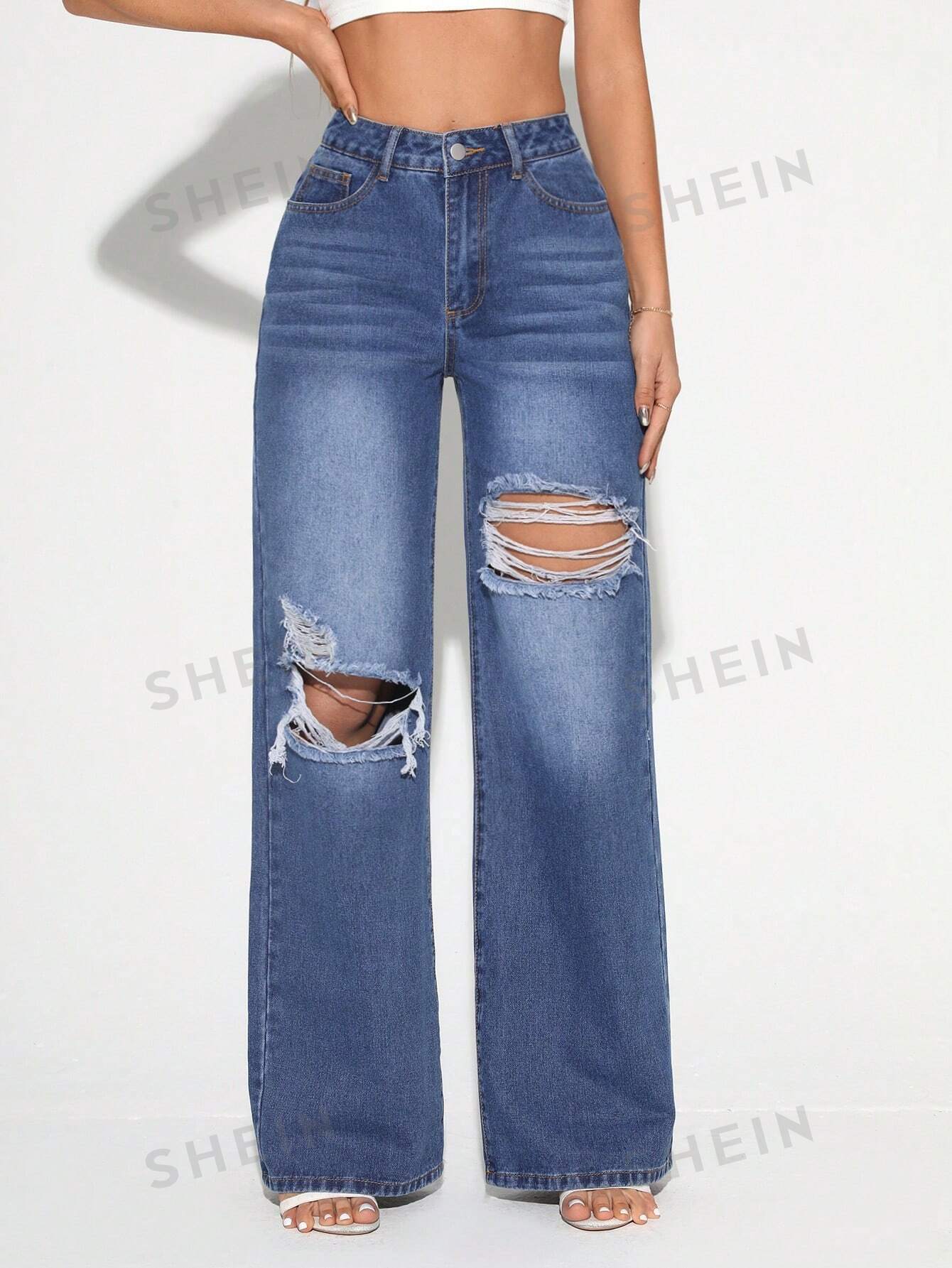 SHEIN Tall Jeans De Ajuste Amplio Y Desgastados Para Mujer