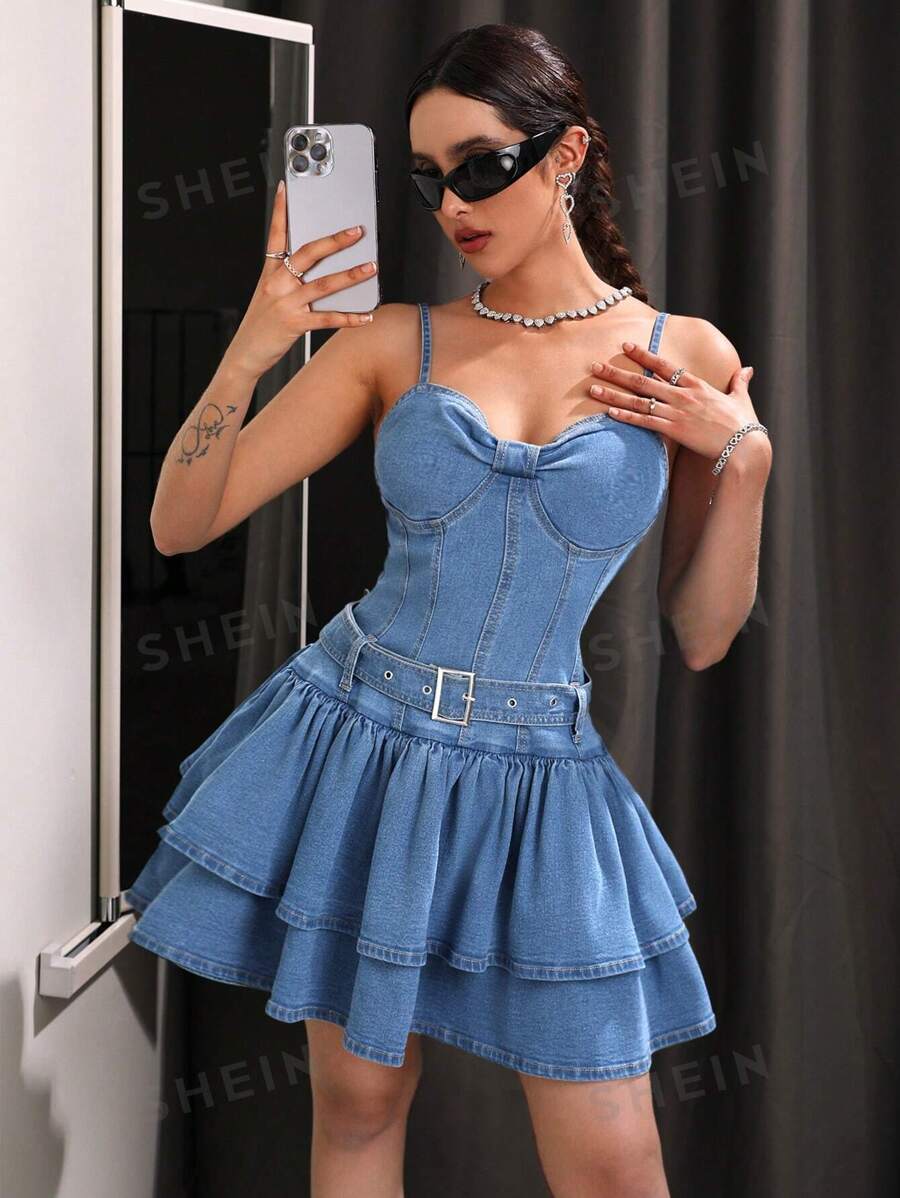 SHEIN ICON Vestido De Mujer De Tirantes Con Doble Falda De Volantes En Denim Y Sin Mangas