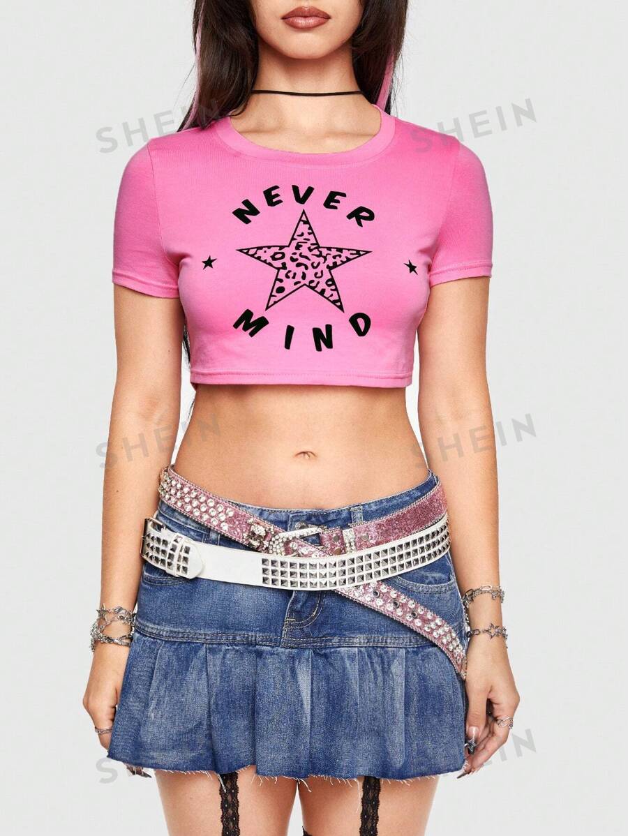 ROMWE Kawaii Camiseta Corta Estampada Con Estrellas Y Letras