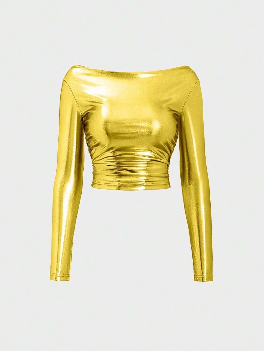 SHEIN ICON Camiseta De Manga Larga Con Pliegues Y Ajuste Delgado De Aspecto Metálico Mujer