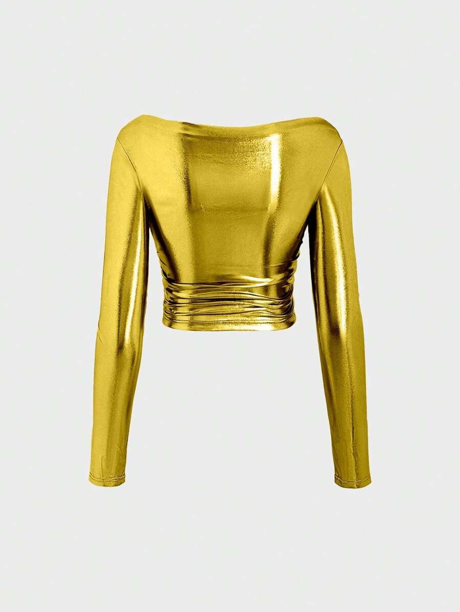 SHEIN ICON Camiseta De Manga Larga Con Pliegues Y Ajuste Delgado De Aspecto Metálico Mujer