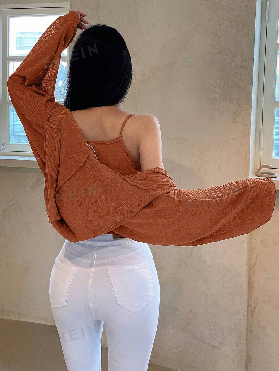DAZY Conjunto De 2 Piezas Top De tank De Cami Acanalado Sólido Con Chaqueta Corta De Punto Con Frente Abierto Para Mujeres