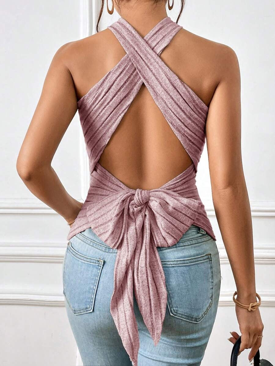 SHEIN Essnce Top De Punto De Color Sólido Con Cuello Halter Y Cierre Abierto En La Espalda Para Mujer