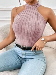 SHEIN Essnce Top De Punto De Color Sólido Con Cuello Halter Y Cierre Abierto En La Espalda Para Mujer
