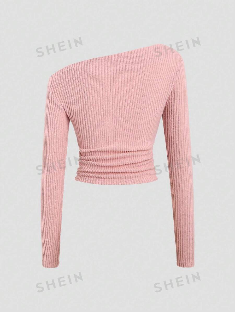 SHEIN EZwear Camiseta De Punto De Hombro Irregular En Tonos Sólidos Con Costilla mujer