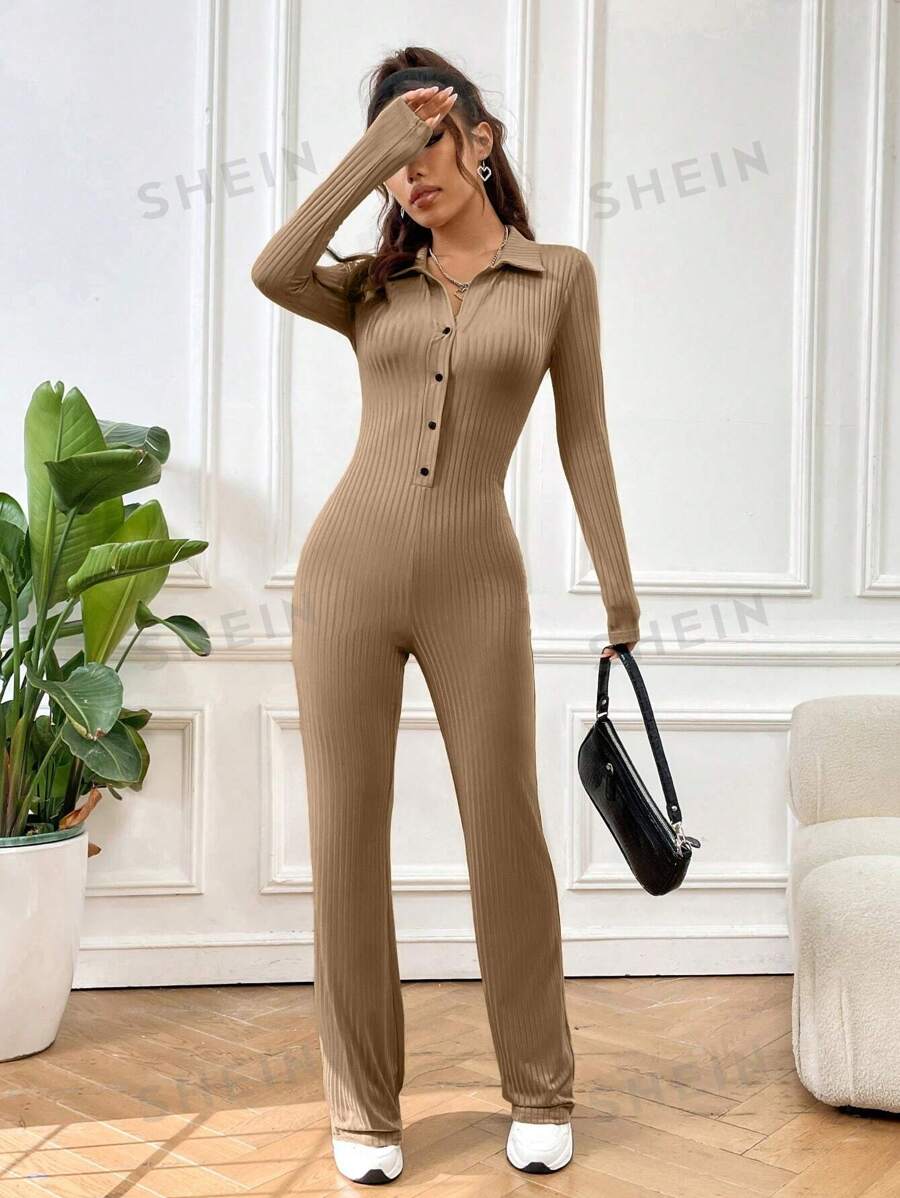 SHEIN EZwear Mono De Manga Larga Acanalado Sólido Con Cuello Estilo Solapa Para Mujer