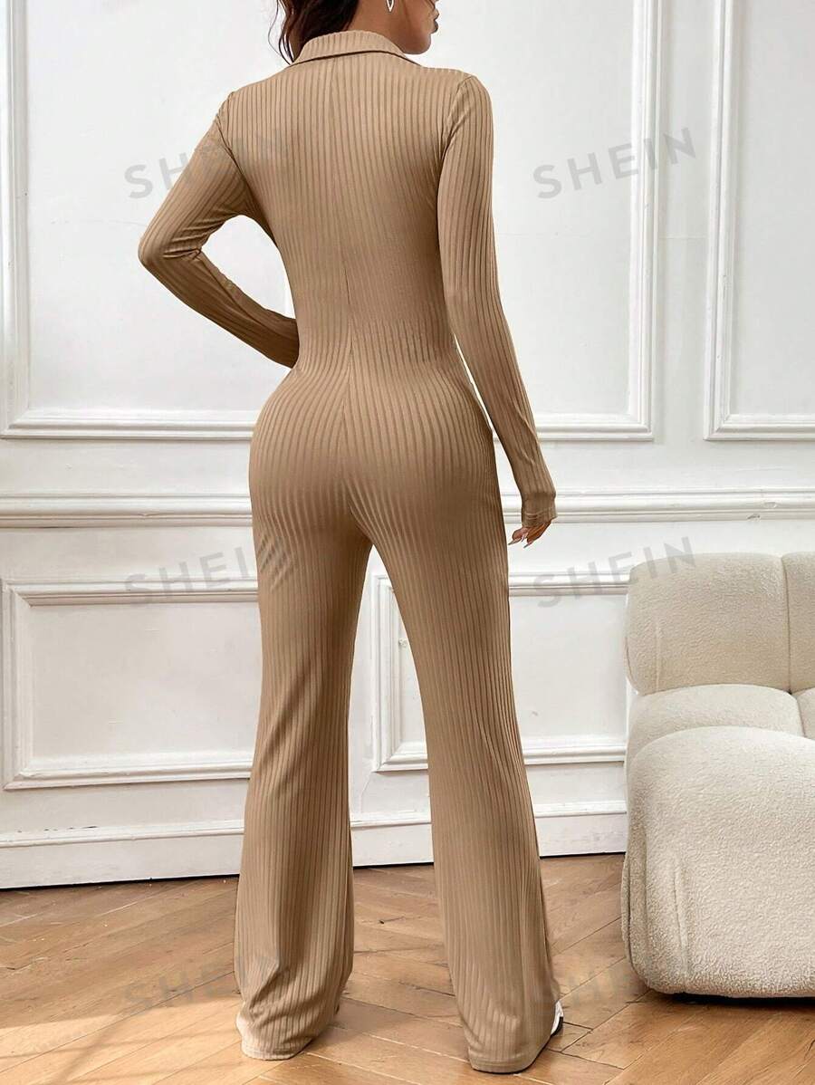 SHEIN EZwear Mono De Manga Larga Acanalado Sólido Con Cuello Estilo Solapa Para Mujer