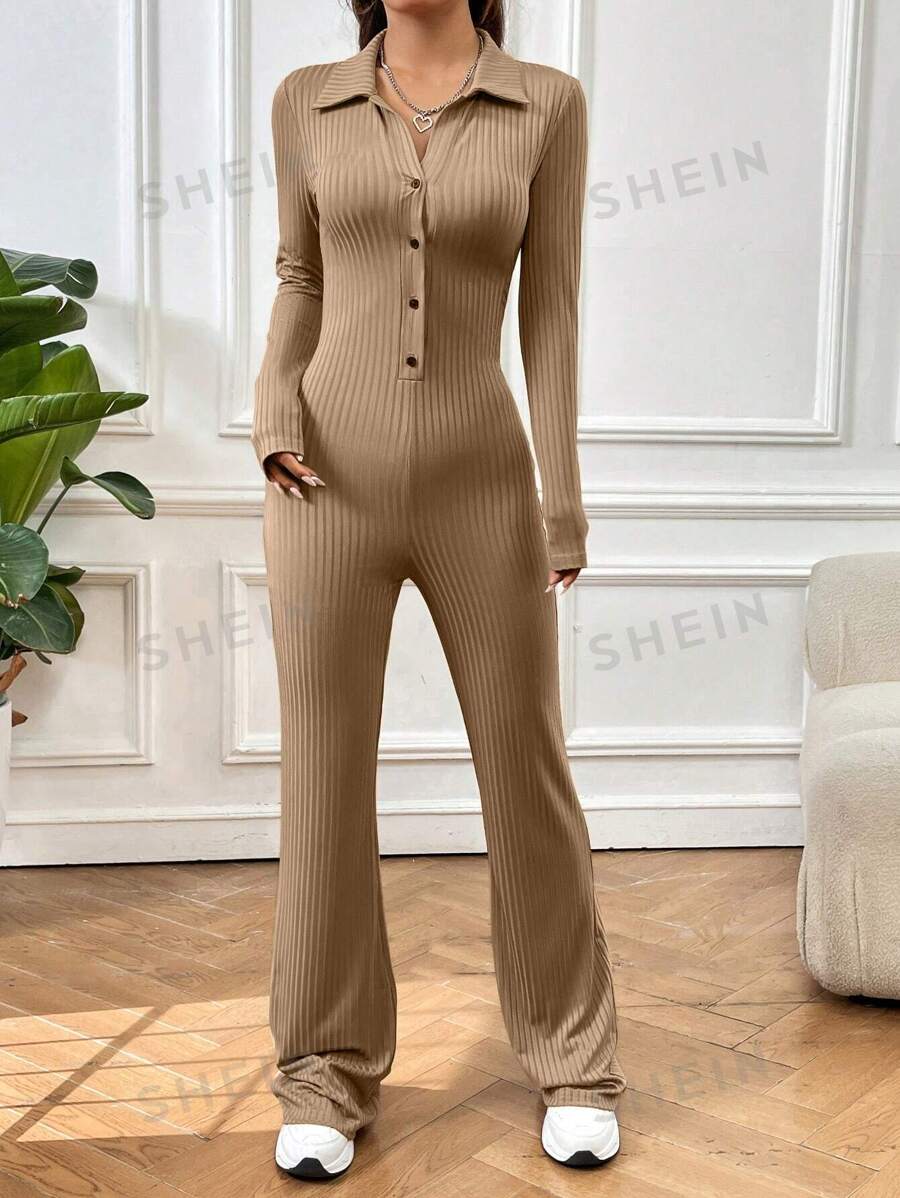 SHEIN EZwear Mono De Manga Larga Acanalado Sólido Con Cuello Estilo Solapa Para Mujer