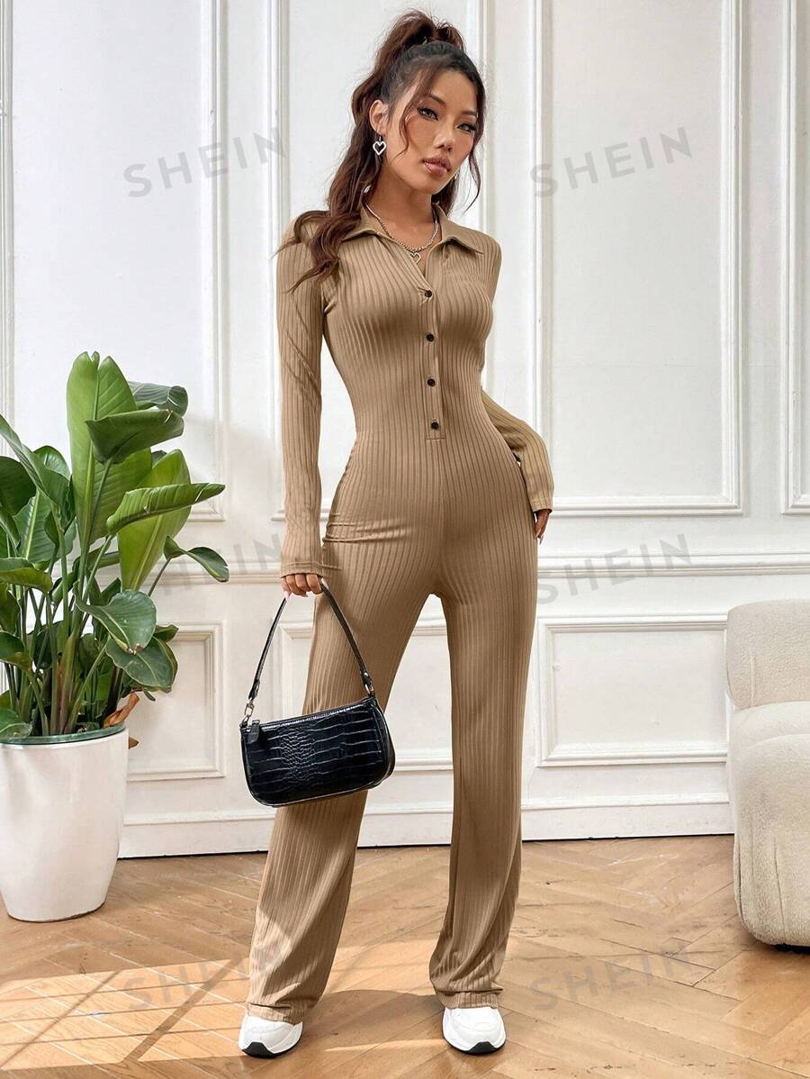 SHEIN EZwear Mono De Manga Larga Acanalado Sólido Con Cuello Estilo Solapa Para Mujer