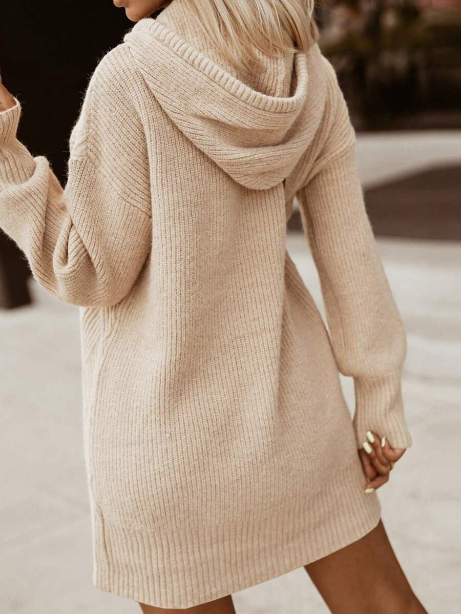 SHEIN LUNE Vestido De Suéter Con Capucha De Hombro Caído De Color Sólido Con Cordón Mujer