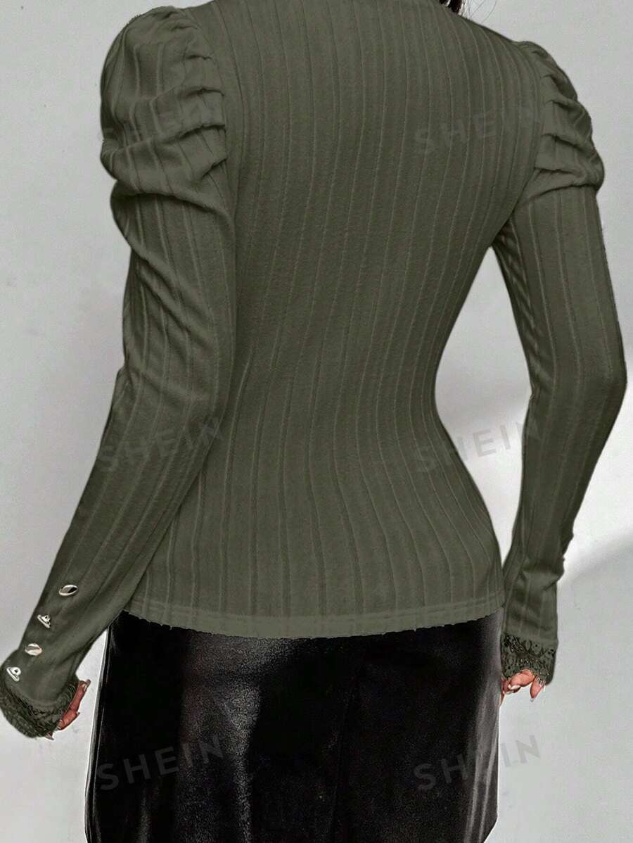 SHEIN Privé Camiseta De Manga Larga Entallada Con Detalle De Encaje Y Botones, Modelo Casual De Verano mujer