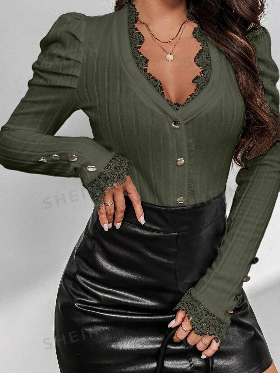 SHEIN Privé Camiseta De Manga Larga Entallada Con Detalle De Encaje Y Botones, Modelo Casual De Verano mujer