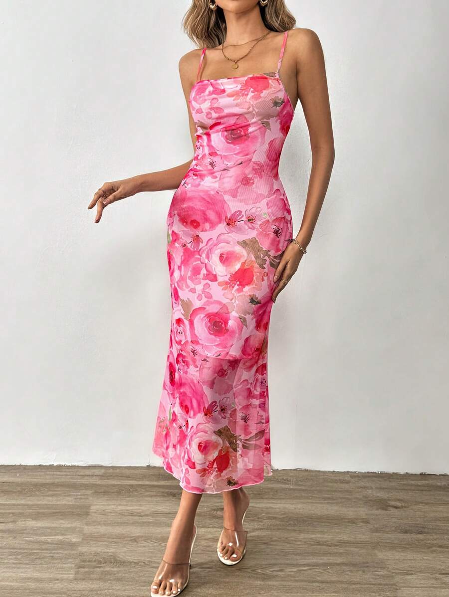SHEIN Tall Vestido De Cuerpo Largo De Verano Ajustado Con Estampado Floral Para Las Vacaciones De Primavera