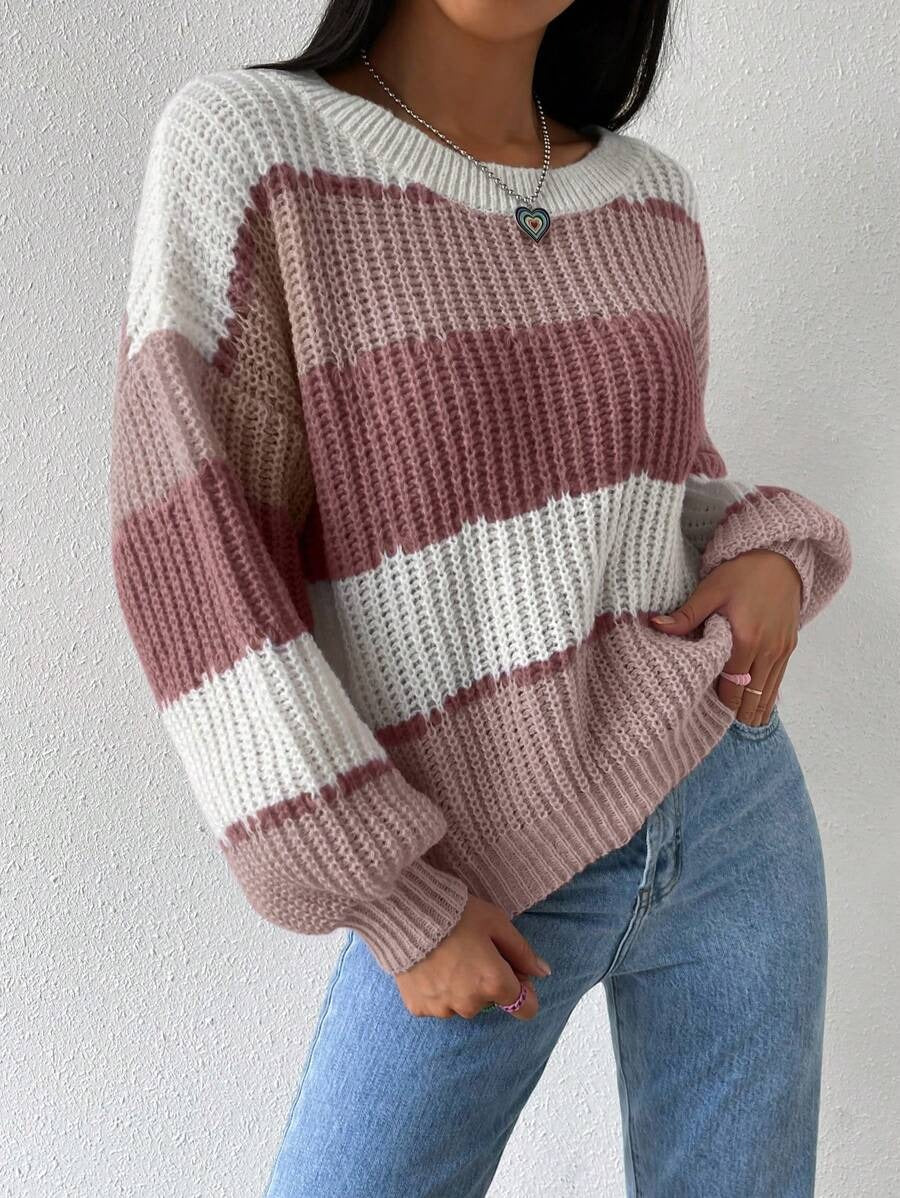 SHEIN Essnce Sweater casual de bloque de color holgado de primavera/otoño con cuello redondo y hombros caídos Mujer