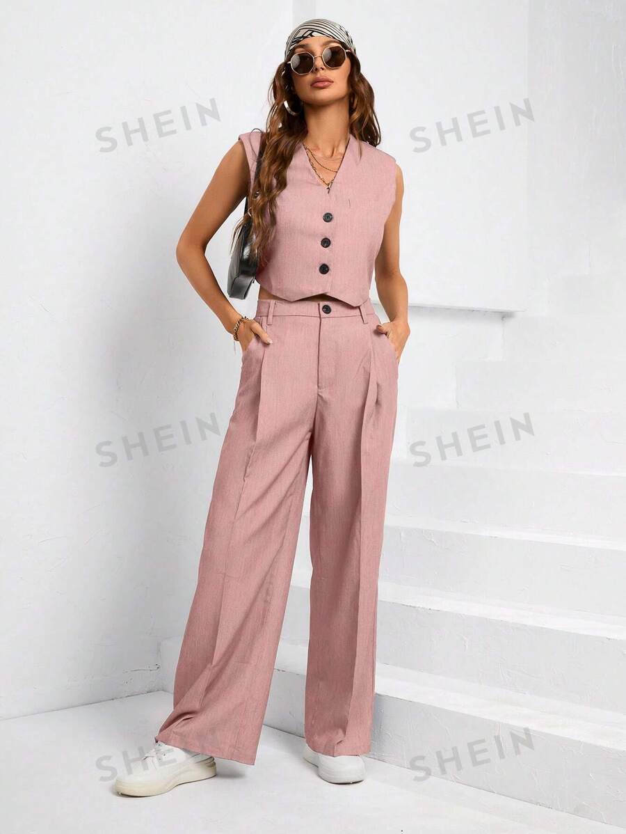 SHEIN Privé Conjunto de chaleco sin mangas y pantalones largos de botones lisos y de moda para mujer en verano