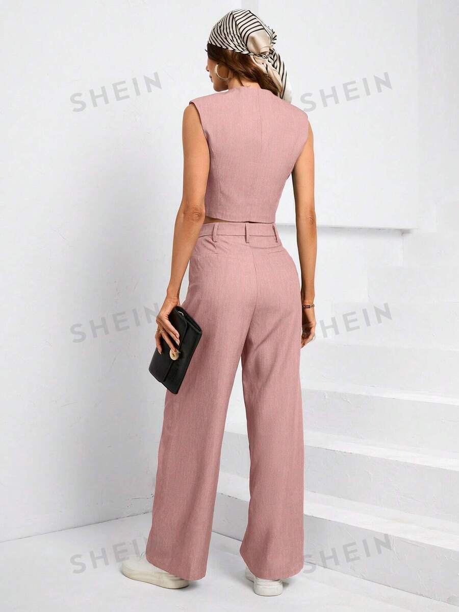 SHEIN Privé Conjunto de chaleco sin mangas y pantalones largos de botones lisos y de moda para mujer en verano