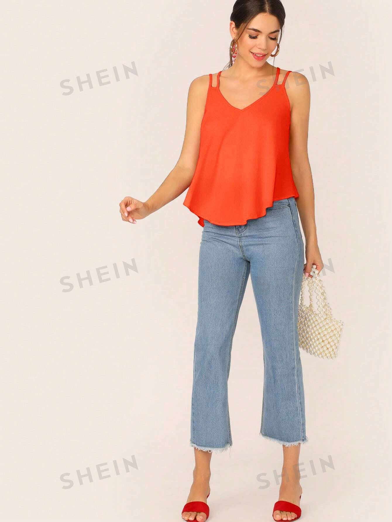 SHEIN Essnce Camisola para mujer de verano casual, de unicolor, de cuello en V suelta y combinable para cualquier ocasión
