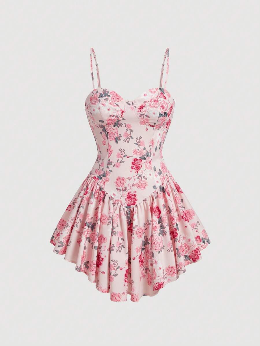 SHEIN MOD Vestido de flores para señoras con estilo de vacaciones, dobladillo y lazos de hombro con volantes, verano