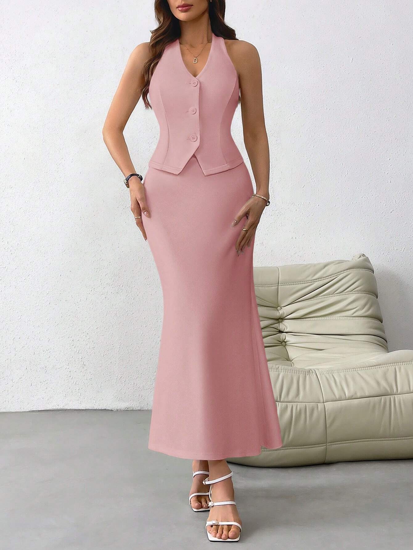 SHEIN Privé Chaqueta en estilo francés para mujeres con diseño sencillo, cuello halter, abierta al frente con botones, y falda larga con cola de pescado. Adecuada para bodas, festivales, citas y vacaciones.