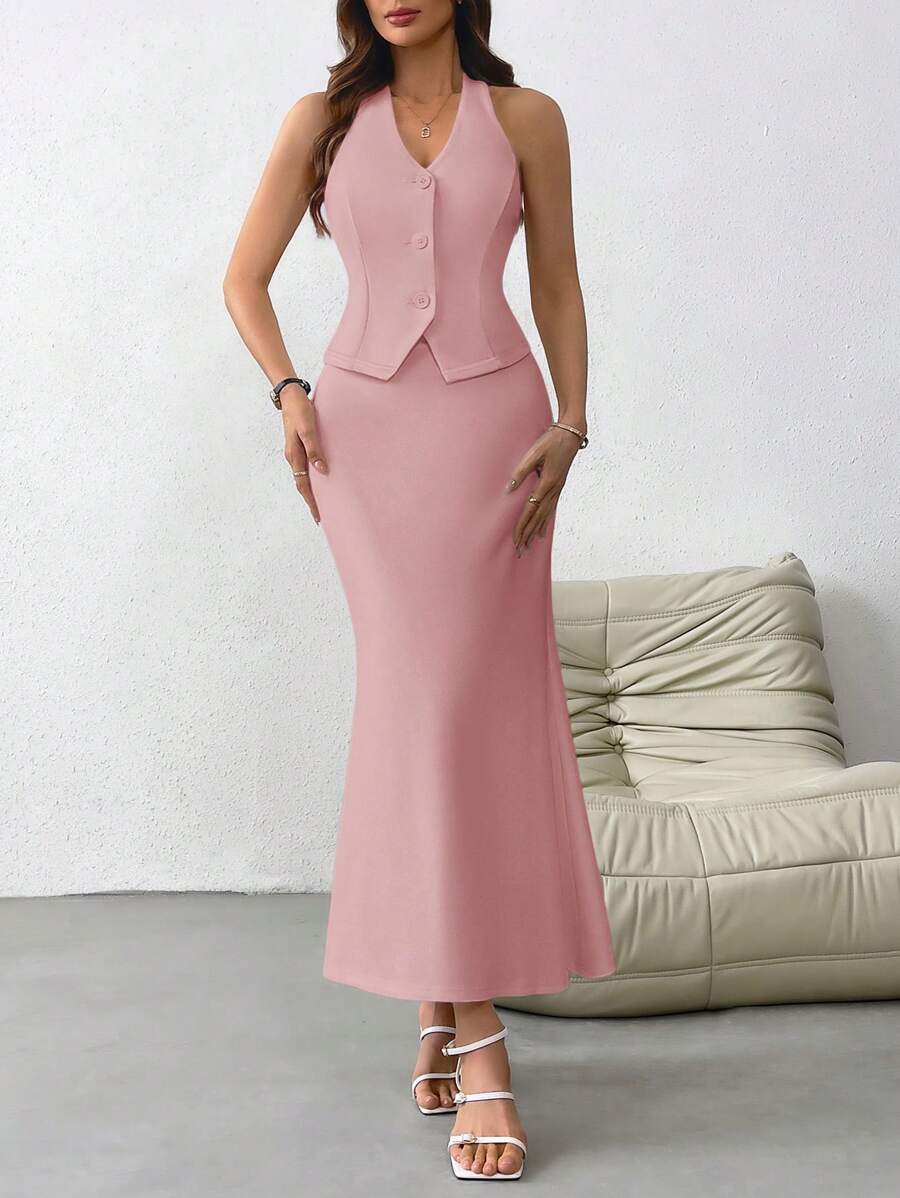 SHEIN Privé Chaqueta en estilo francés para mujeres con diseño sencillo, cuello halter, abierta al frente con botones, y falda larga con cola de pescado. Adecuada para bodas, festivales, citas y vacaciones.