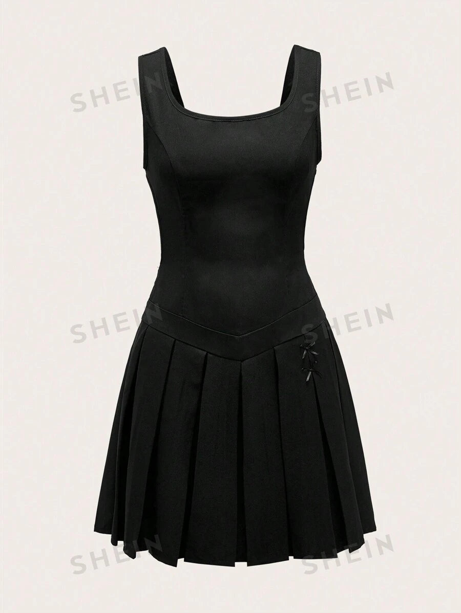 ROMWE Kawaii Vestido de cintura plisada con cinturón en unicolor de moda para mujer
