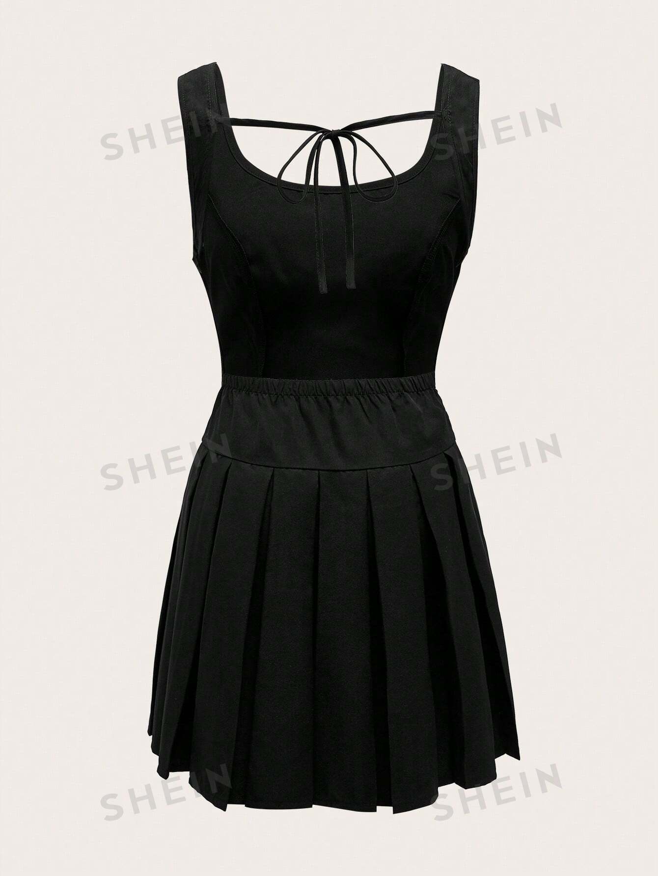 ROMWE Kawaii Vestido de cintura plisada con cinturón en unicolor de moda para mujer