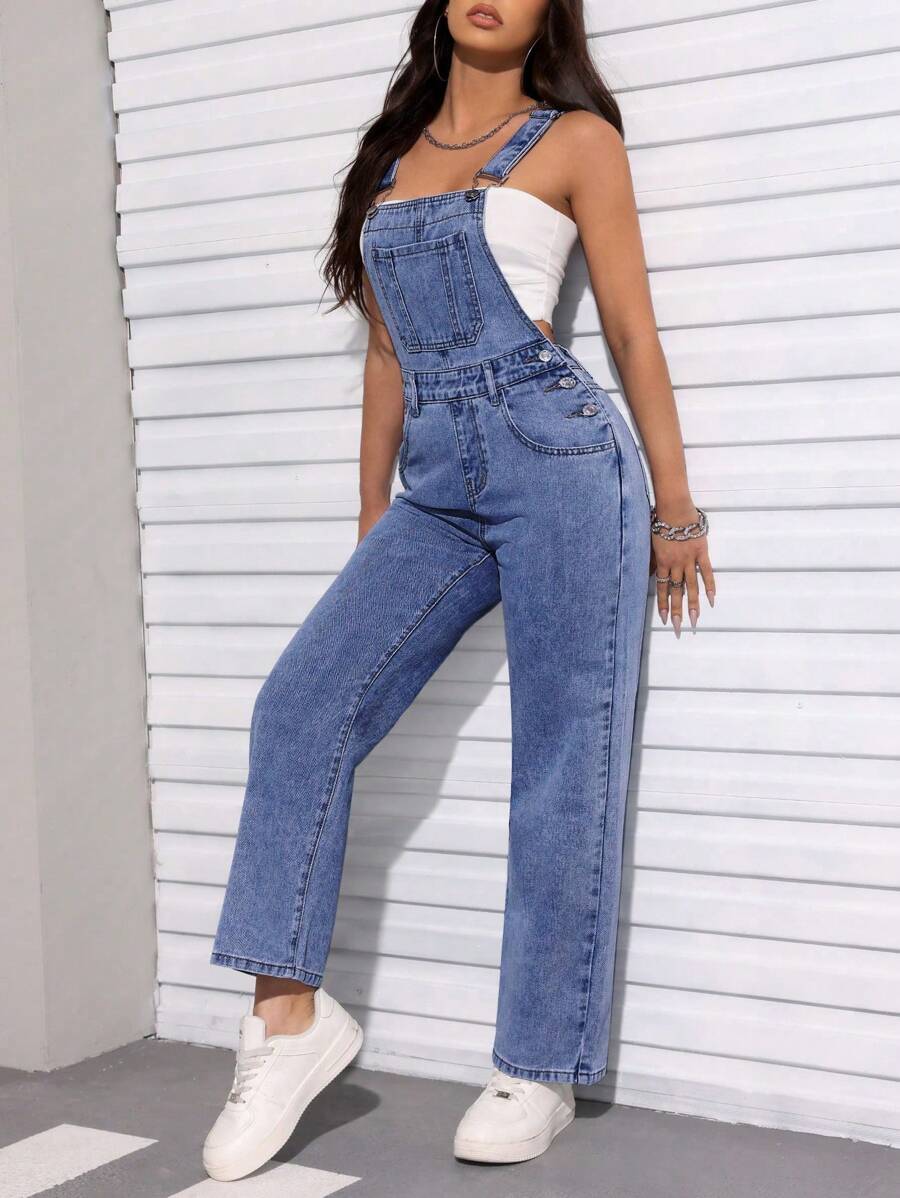 SHEIN PETITE Overoles de mezclilla para mujer de estilo simple y sólido para uso diario